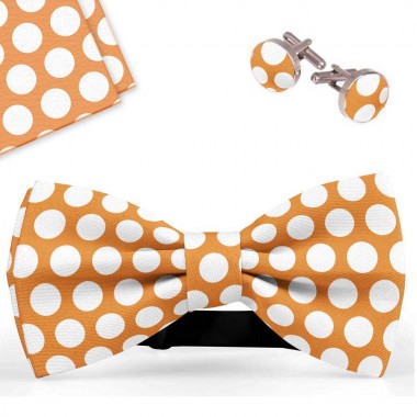 Set papion barbati, batista, butoni, portocaliu, buline albe mari